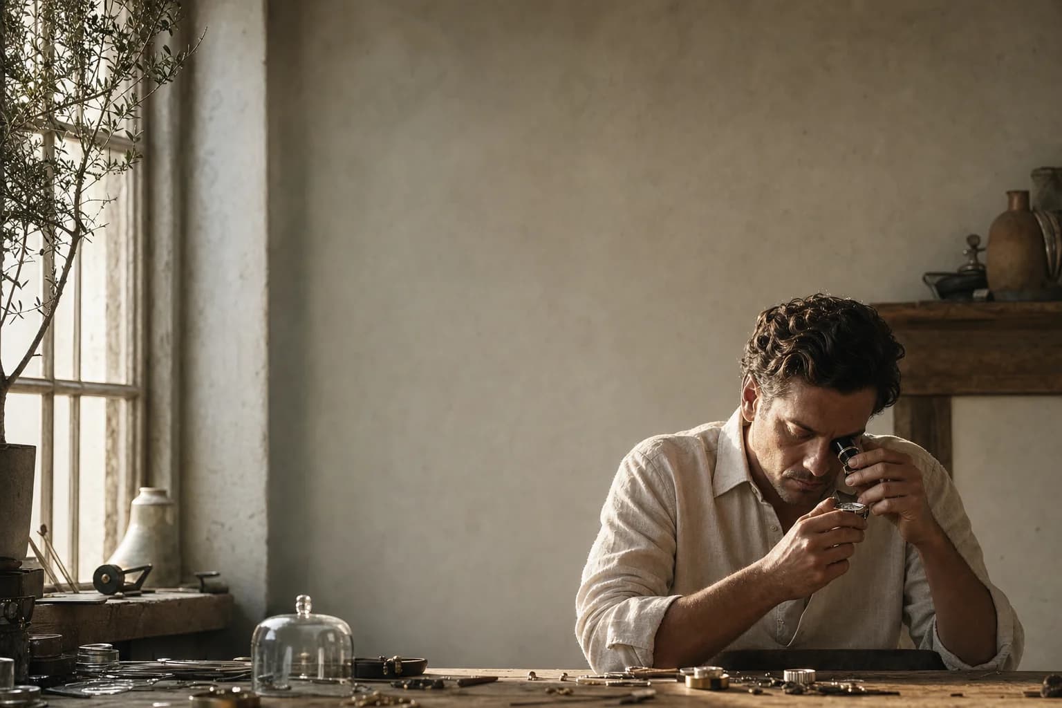 A collector examining a watch dial in a sunlit atelier